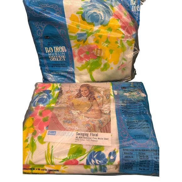 Vintage 1970s Floral Twin Flat and Fitted Sheet Set New & Sealed Grants - Picture 2 of 6